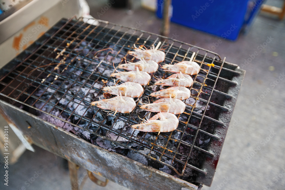 Prawns cooking on barbecue, Koh Pha Ngan, Thailand
