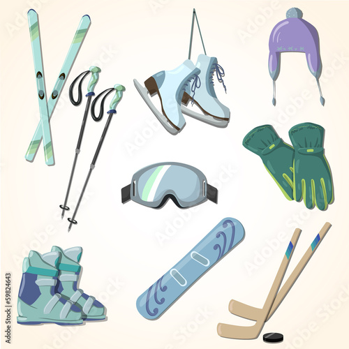 winter sports equipment icons collection