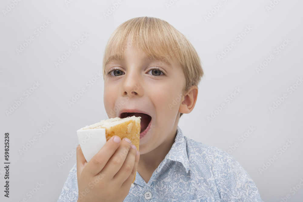 Portrait of cute boy eating cake slice against gray background Portrait of cute boy eating cake slice against gray background