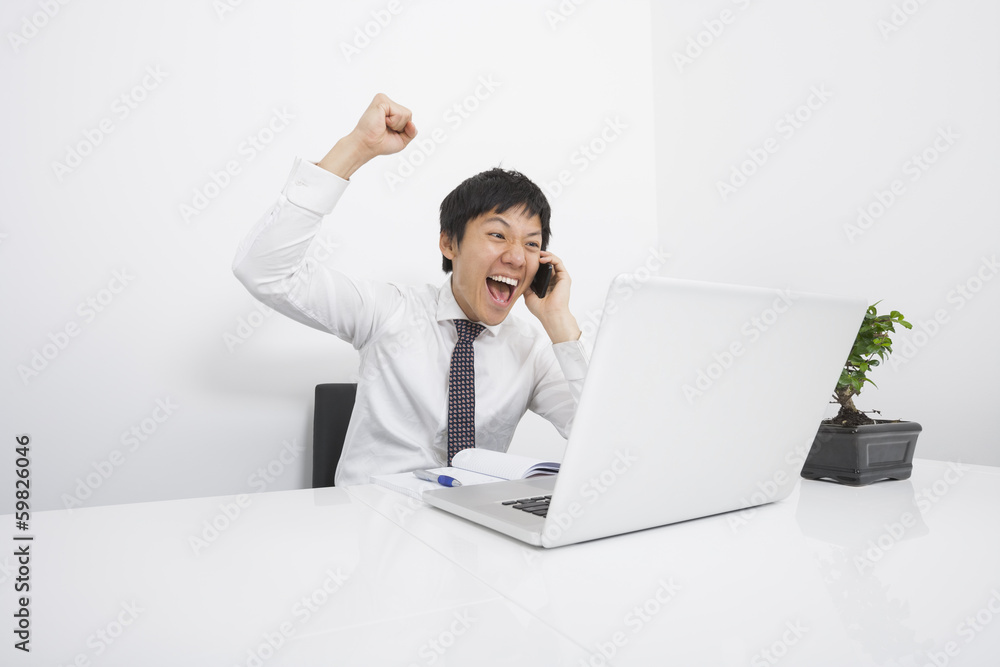 Mid adult businessman cheering on cell phone at desk in office Mid adult businessman cheering on cell phone at desk in office