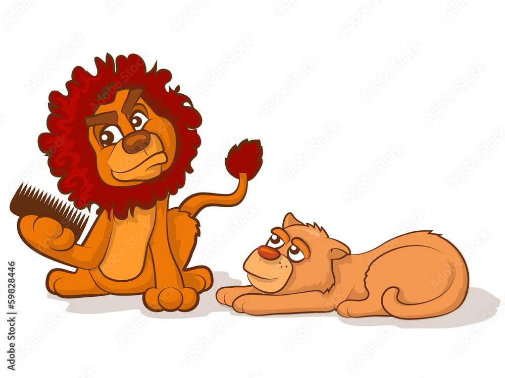 Cartoon lion and lioness with tangled hair Stock Vector | Adobe Stock