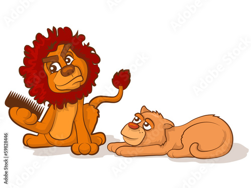 Fototapeta Naklejka Na Ścianę i Meble -  Cartoon lion and lioness with tangled hair