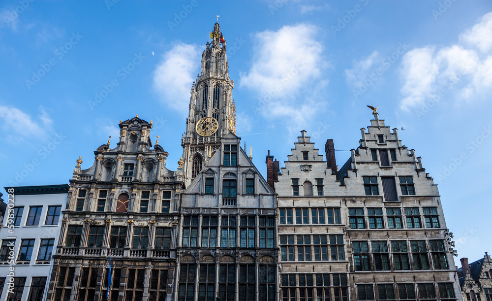 Market square and tower of Our Lady's Cathedral in Antwerp