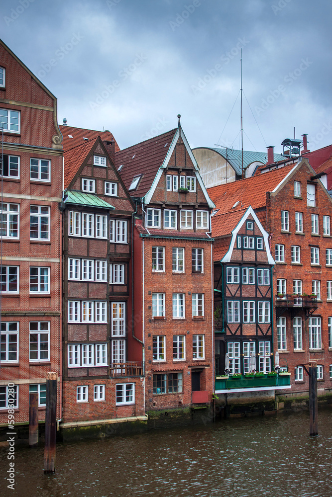 Traditional buildings along canal in Hamburg, Germany