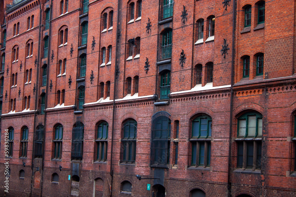 Detail of an old warehouse in Speicherstadt  in Hamburg, Germany