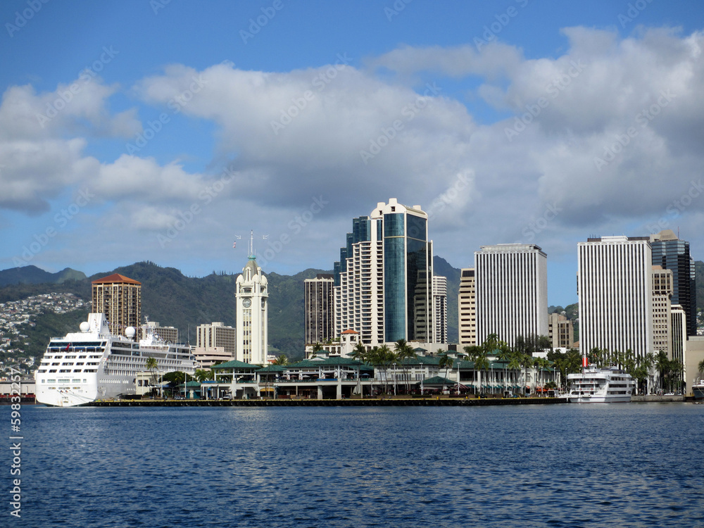 Aloha Tower, Boats, Market, harbor and Downtown Honolulu