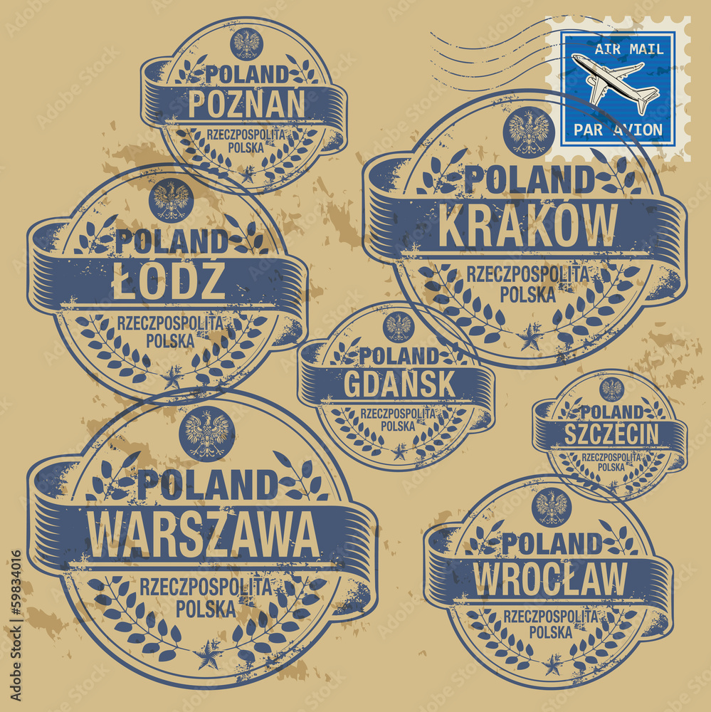 Grunge rubber stamp set with names of Poland cities
