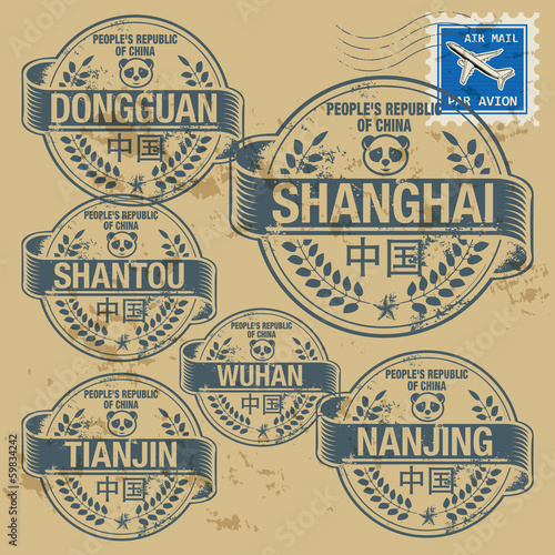Grunge rubber stamp set with names of China cities