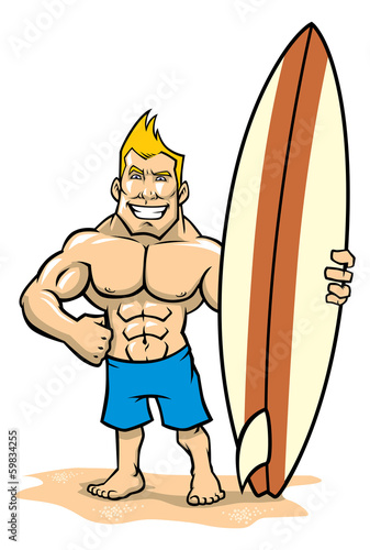 smiling muscle surfer posing with surfboard