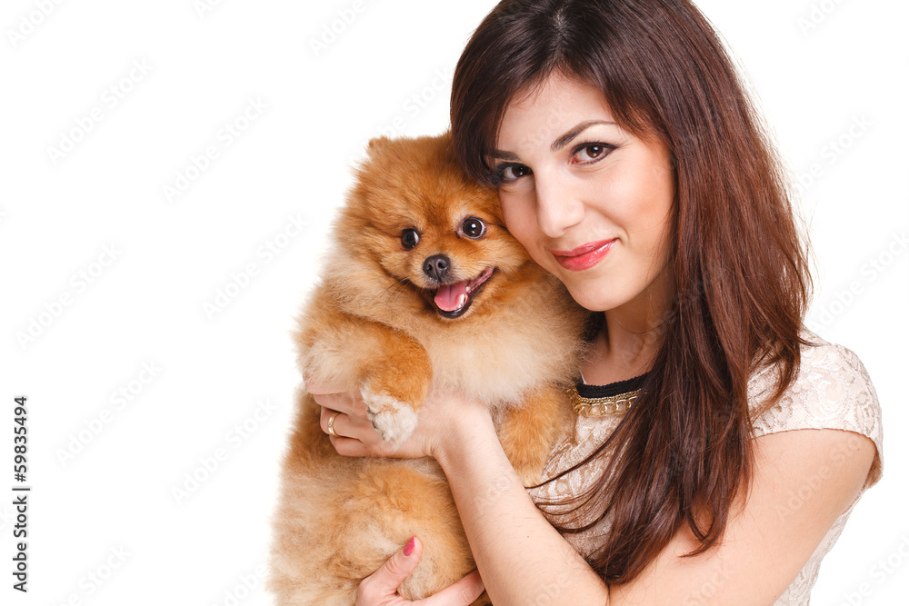 Happy woman with a beautiful dog - isolated over white Happy woman with a beautiful dog - isolated over white