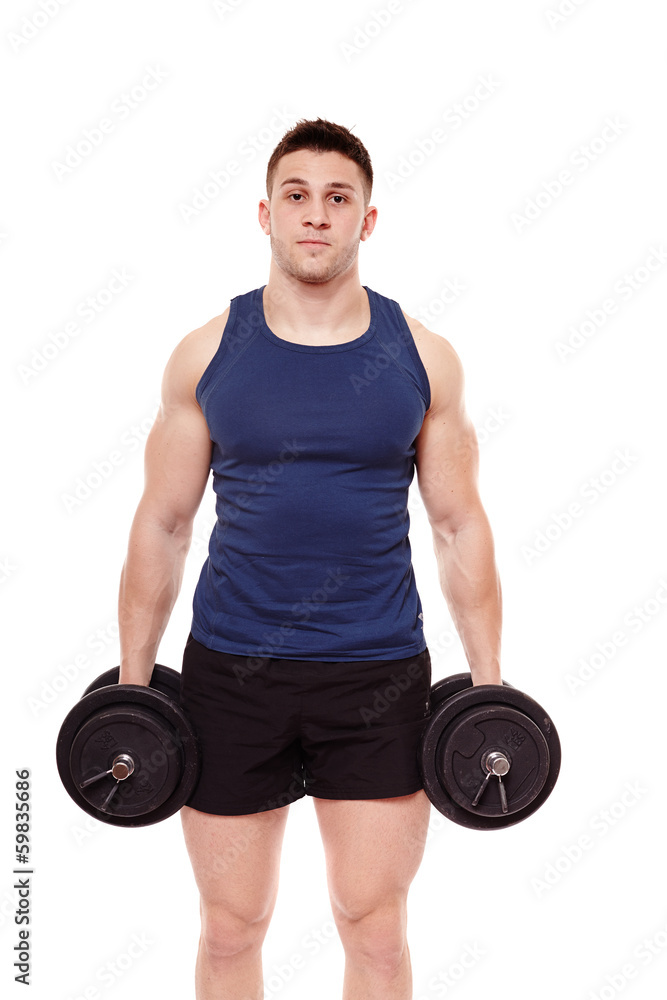 Handsome man holding dumbbells Handsome man holding dumbbells