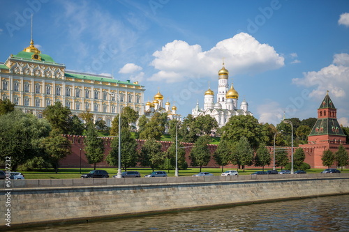 Traffic on Kremlin embankment against Ivan the Great bell tower
