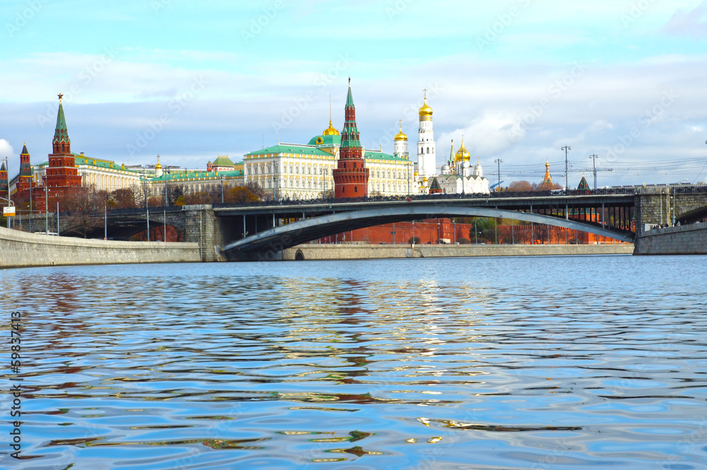 Moscow Kremlin and a large stone bridge, Russia