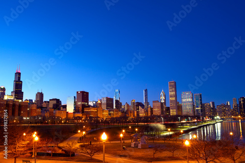 Downtown Chicago at sunset  IL  USA