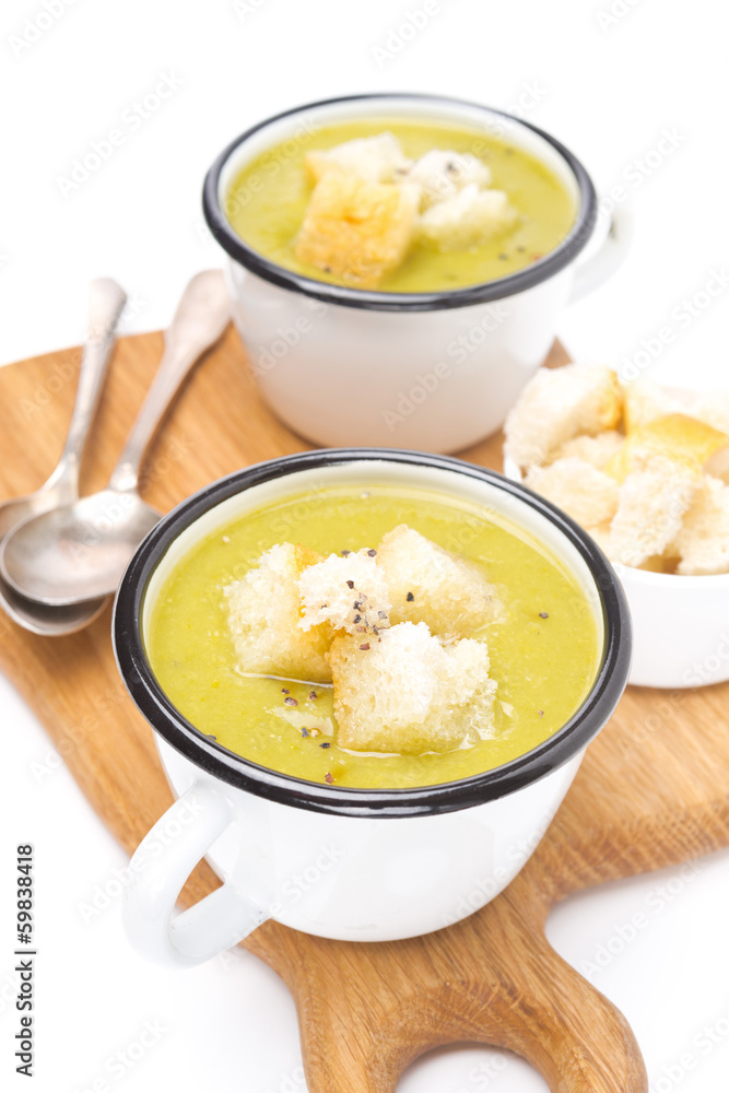 zucchini soup with croutons in a cups, isolated zucchini soup with croutons in a cups, isolated