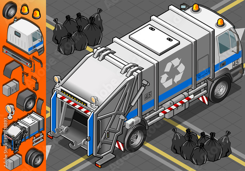Isometric White Garbage Truck in Rear View