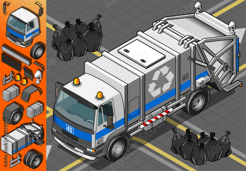 Isometric White Garbage Truck in Front View