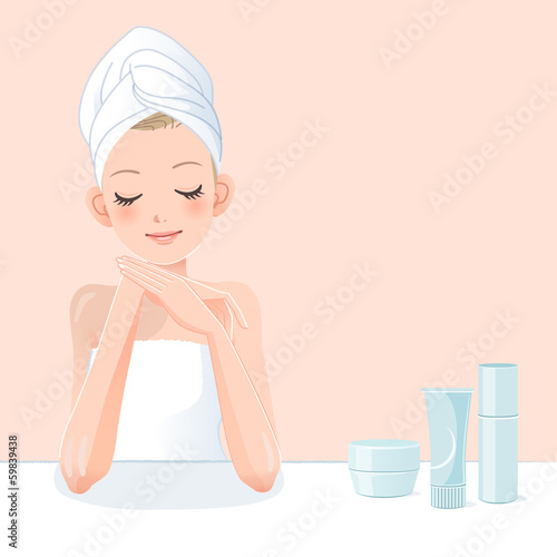 女性 美容 Cute young woman in towel applying moisturizer