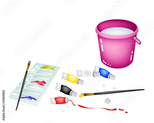 Color Paint Jars and Palette with Pink Bucket