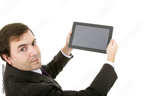 Young businessman using ipad while standing white background
