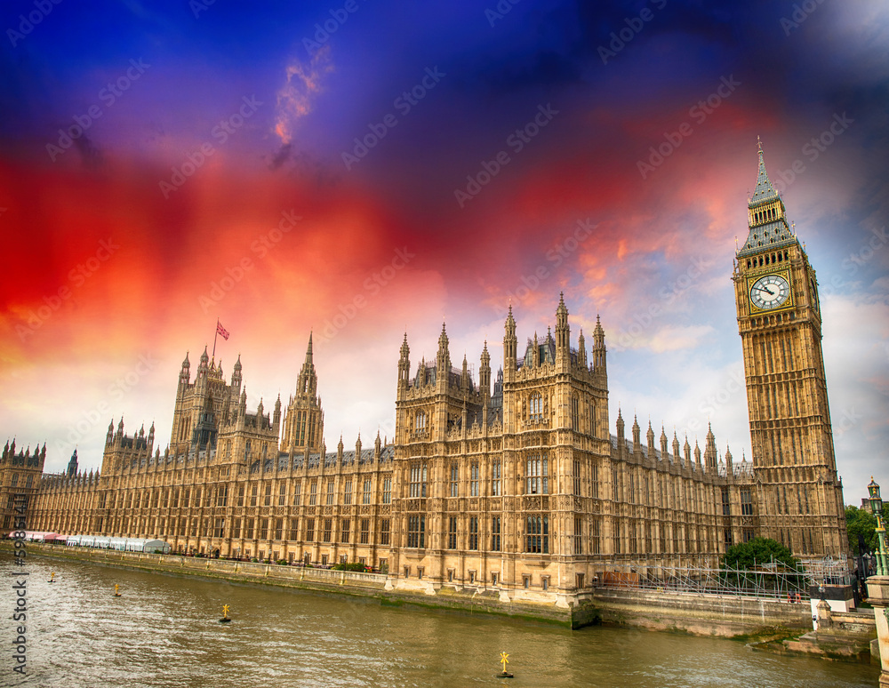 Palace of Westminster at sunset, London. Houses of Parliament -