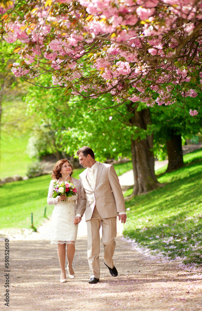 Newlywed couple having a stroll in park at spring Newlywed couple having a stroll in park at spring