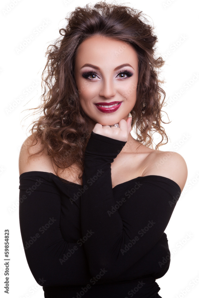 Smiling woman with professional make up on white background Smiling woman with professional make up on white background