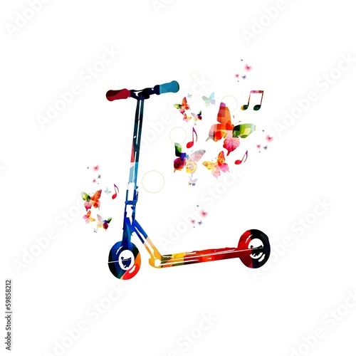 Colorful vector kick scooter background with butterflies