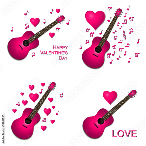 Collection of pink guitars with hearts illustrations