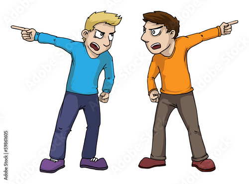 two men arguing, pointing different directions