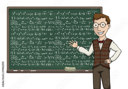 Teacher pointing at a black board with mathematical formulas