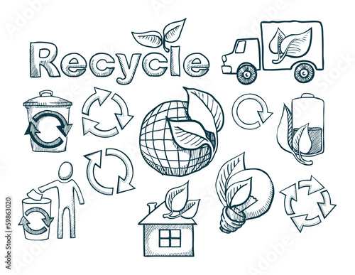 set of hand drawn icons, recycle
