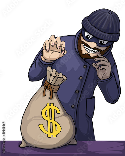 Thief about to steal a bag of money isolated on white