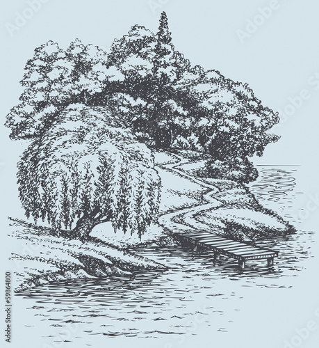Vector landscape. Willow on the river above footpath to dock