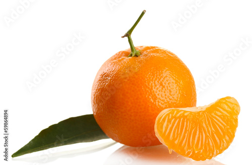 Ripe sweet tangerine with leaf, isolated on white