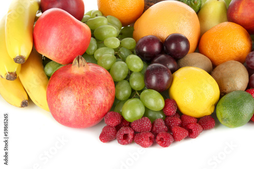 Different fruits on white background