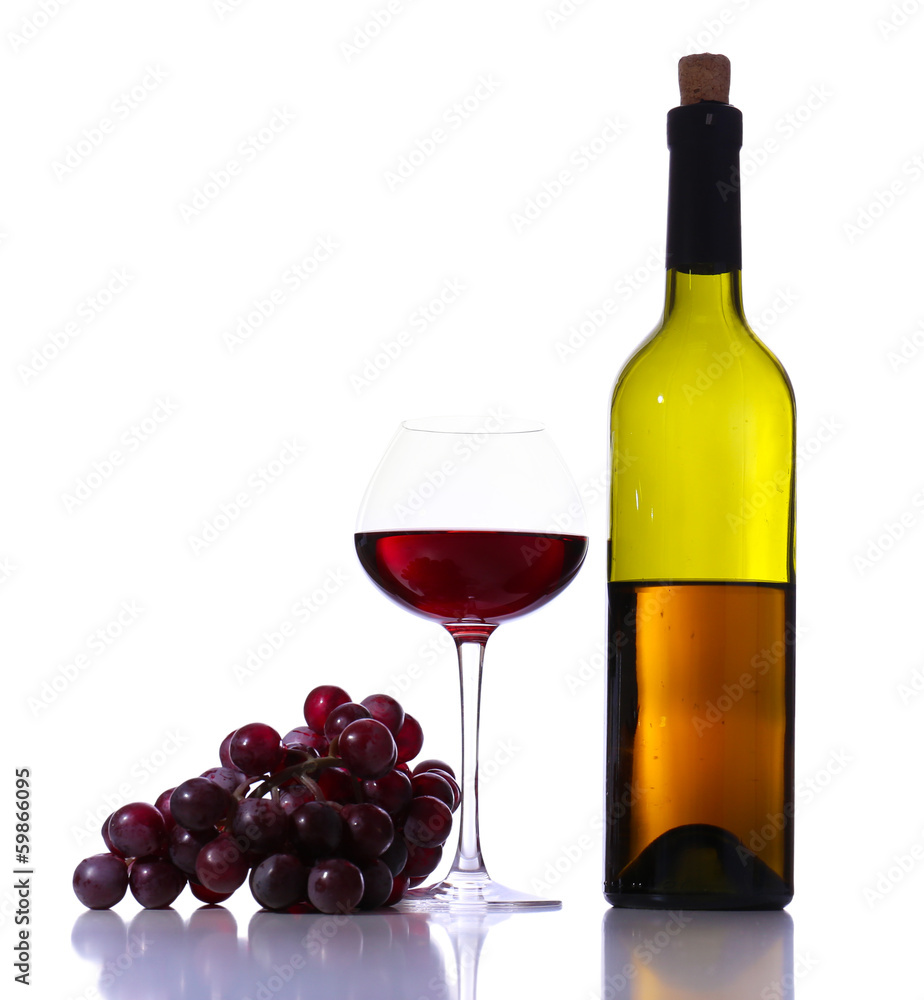 Wineglass with red wine, grape and bottle isolated on white Wineglass with red wine, grape and bottle isolated on white