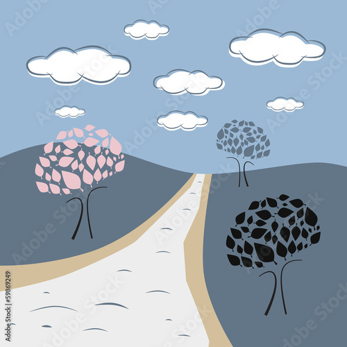 Abstract Vector Nature Scene with Trees, Road, Hills, Clouds