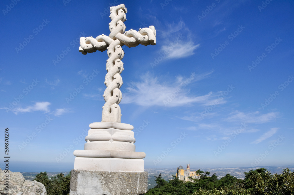 Cross on the top a hill,Pena Palace, Sintra (Portugal)