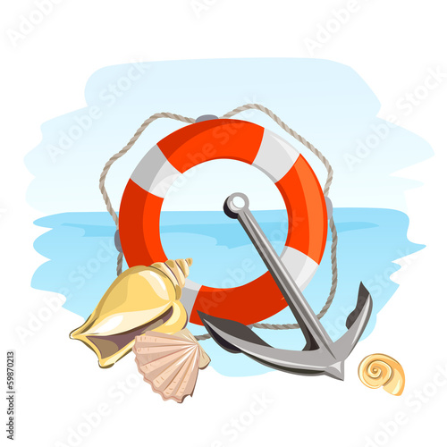 sea, ​​anchor, lifebuoy and seashells