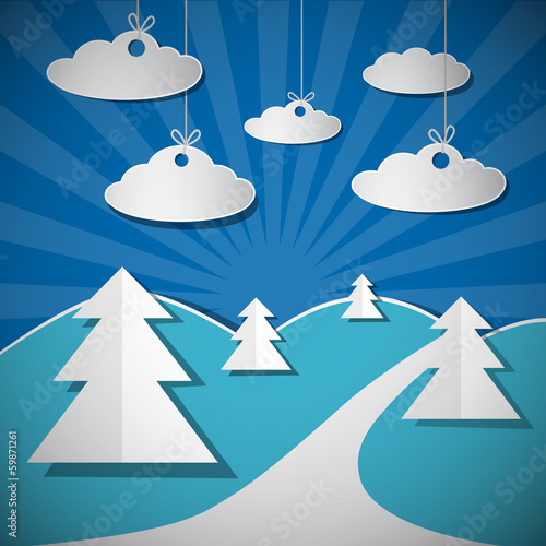 Abstract Vector Retro Blue Paper Nature Scene, Clouds on Strings