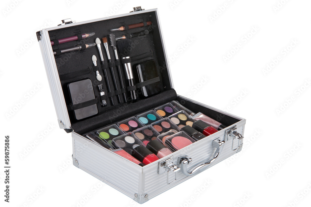 Opened aluminum make up case isolated on white background Opened aluminum make up case isolated on white background