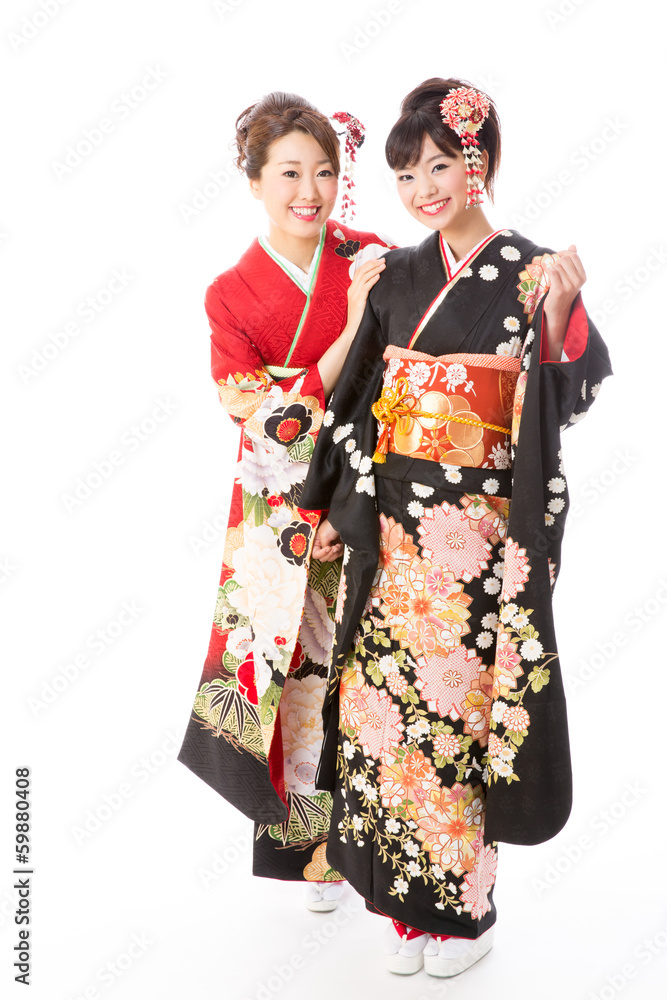 japanese kimono women on white background