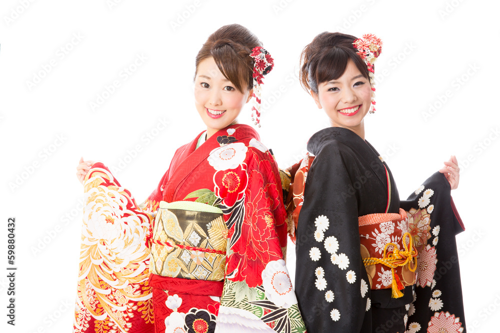 Obraz premium japanese kimono women on white background