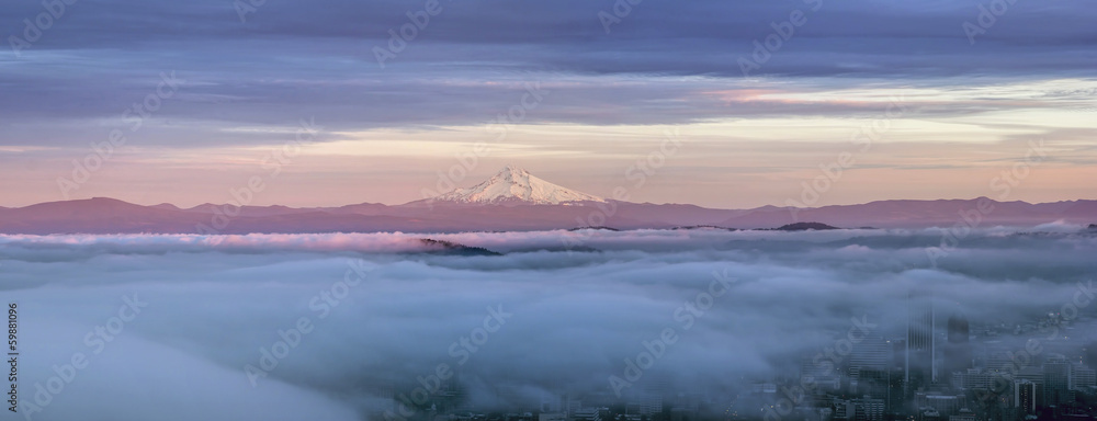 Portland City Covered in Fog with Mt Hood Panorama