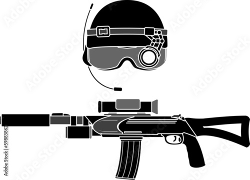 military helmet and assault rifle