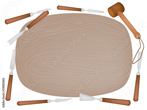 Carving Tools with Wooden Plank on White Background