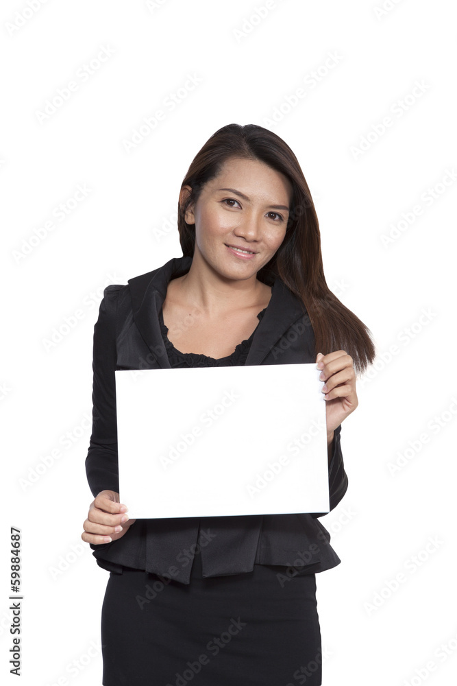 Young Asian businesswoman attractive brunetee showing blank sig Young Asian businesswoman attractive brunetee showing blank sig