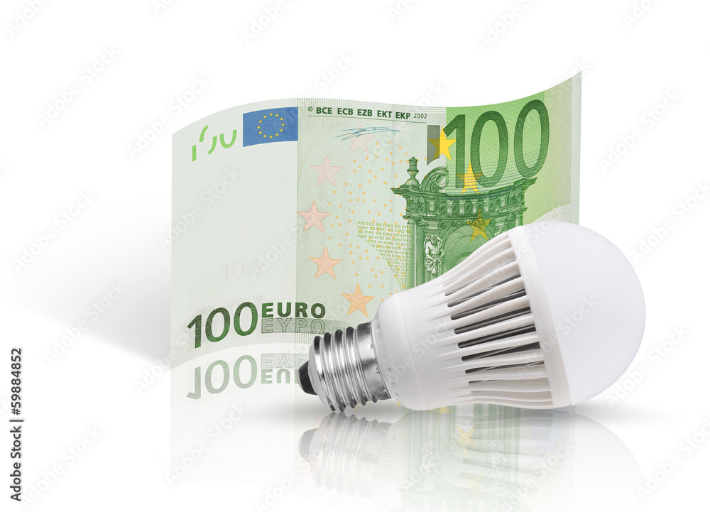 One hundred euro banknote and LED bulb. Isolated on white backgr One hundred euro banknote and LED bulb. Isolated on white backgr