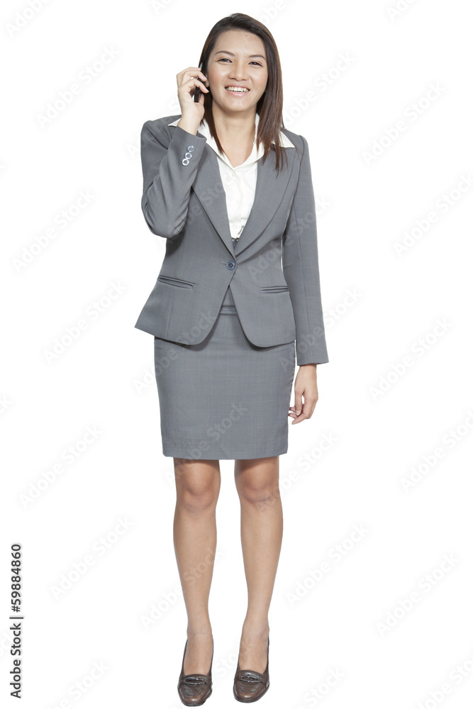 Full length of businesswoman attractive standing enjoy talking o Full length of businesswoman attractive standing enjoy talking o